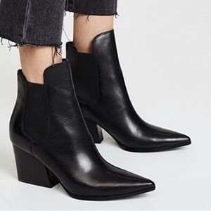 Black Leather Pointed Toe Stacked Heel Chelsea Ankle Boots